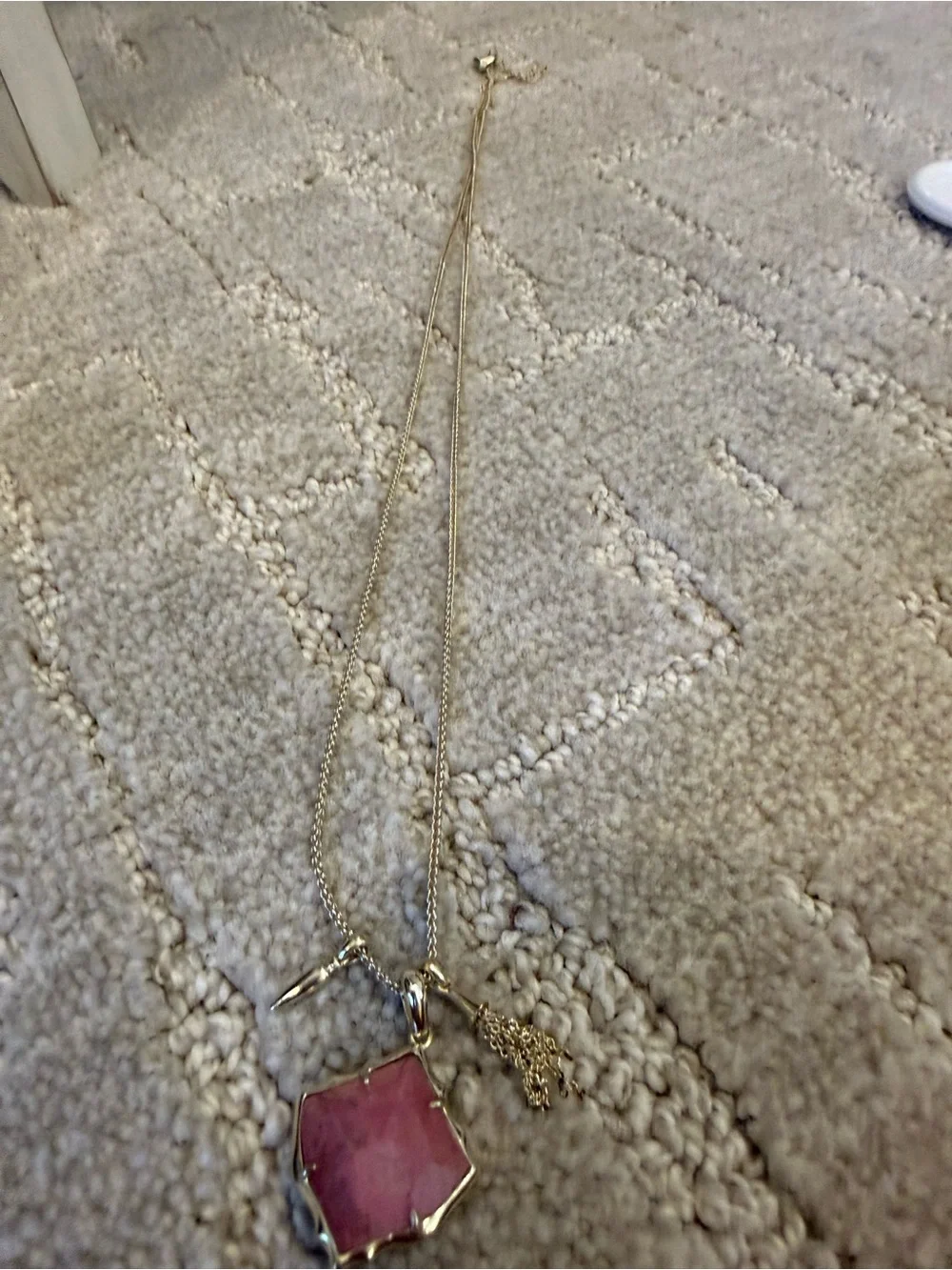 Gold-Tone Necklace with Pink Stone Pendant and Tassel